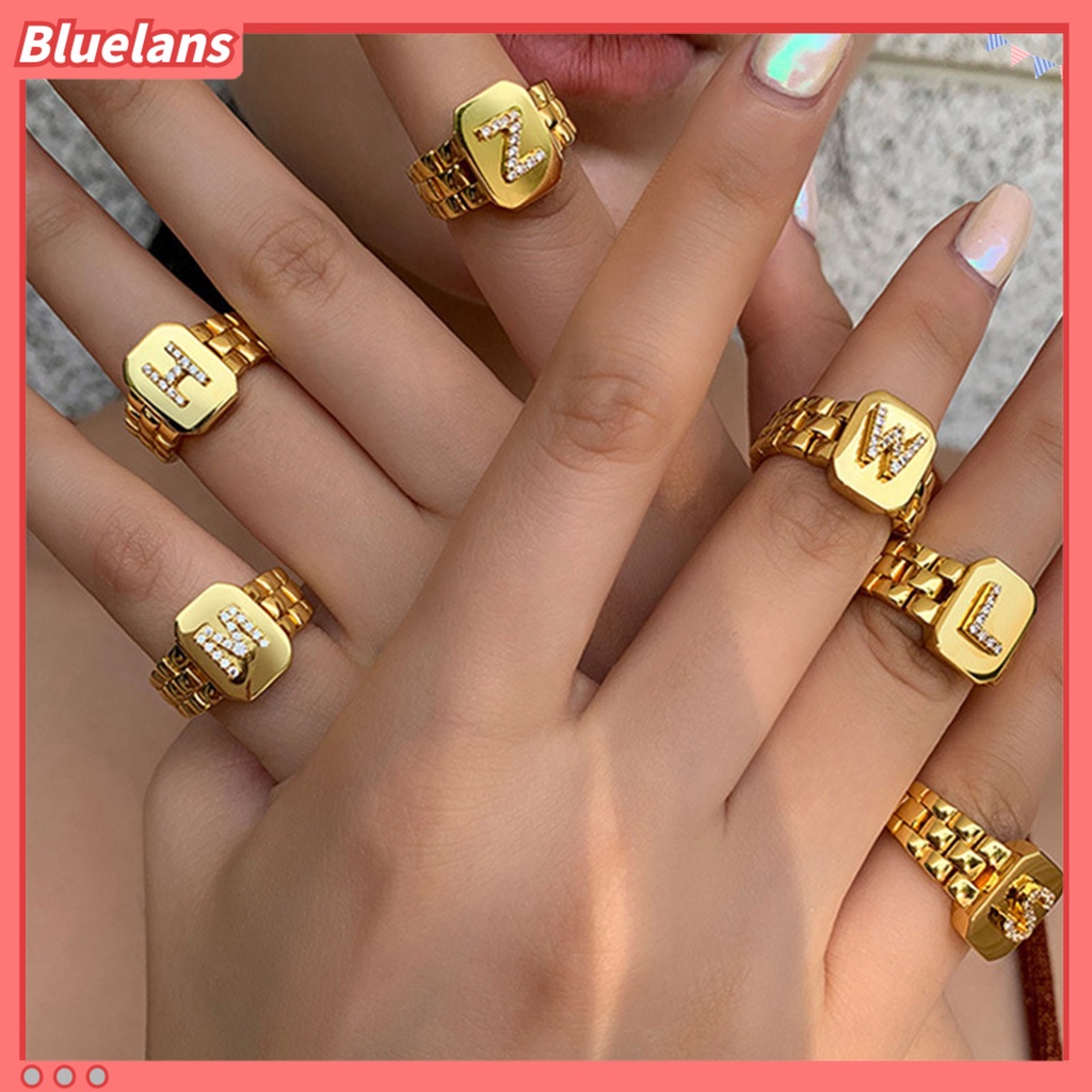 Bluelans Cincin Model Terbuka Adjustable Desain 26 Huruf Aksen Berlian Imitasi Untuk Unisex