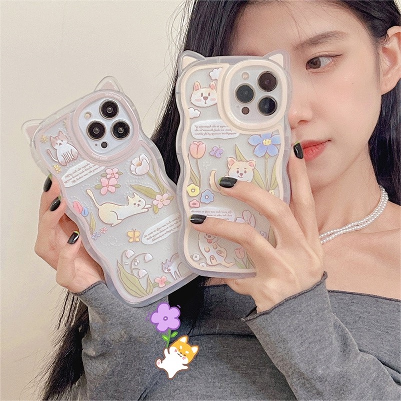 Soft Case Silikon Motif Kucing / Bunga Untuk iPhone 14 13 12 11 Pro Max X Xr Xs Max 8 7 6 6s Plus