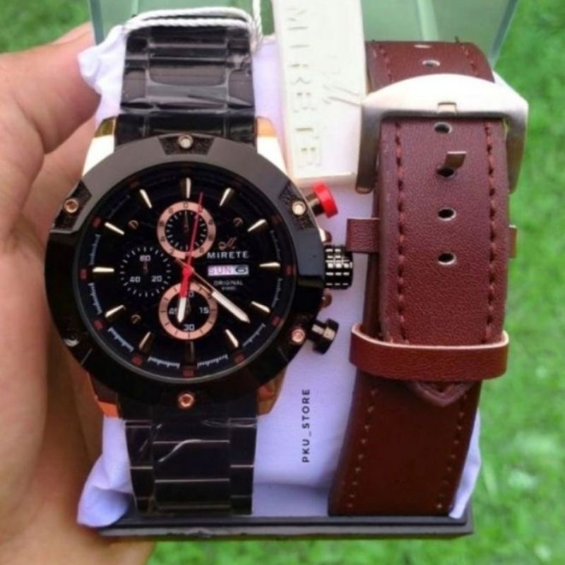 (BEST SELLER) Jam Tangan Mirete Sport Original Tanggal Hari Aktif Free  Tali Kulit | Jam Tangan Pria Analog Mirete Original | Jam Tangan Kasual Analog Stral Stainles Steel Tahan Air Free Box , FREE TALI kulit _ JAM Tangan Pria Mirete