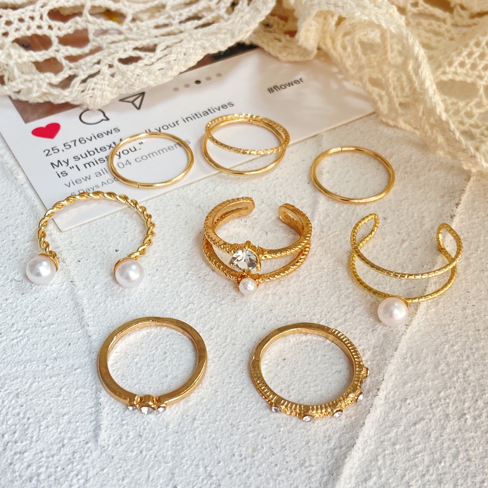 8 Pcs / Set Cincin Berlian Mutiara Gaya Vintage Untuk Wanita