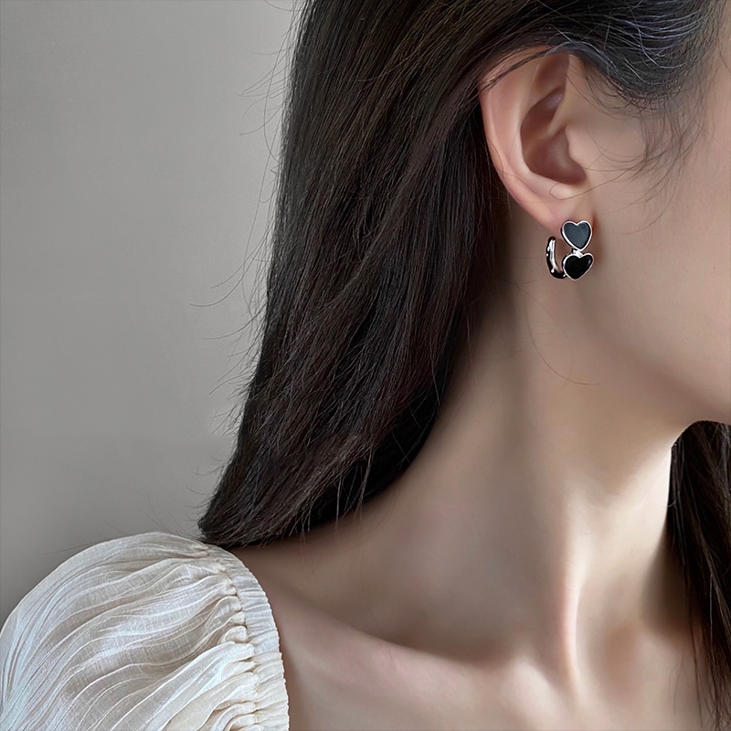 Roselife Anting Tusuk Gantung Bahan Sterling Silver 925 Desain Hati Hitam Gaya Keren / Punk Untuk Wanita