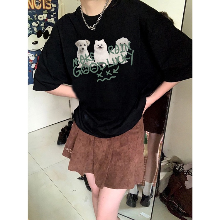 EUNII T-shirt Lengan Pendek Imut Anjing Pencetakan Longgar Korean Style/Kaos Atasan Wanita/Baju Kaus Oversize Wanita