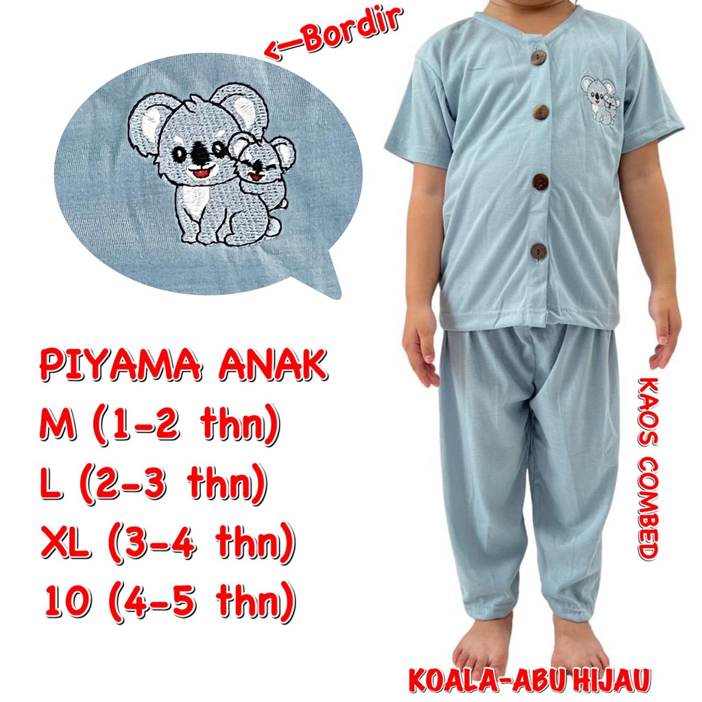 (1 KG MUAT 6 STEL) BAJU TIDUR ANAK KIDS PEREMPUAN/LAKI-LAKI/CEWEK/COWOK SETELAN/STELAN BAHAN KAOS KATUN CP KANCING BORDIR KOALA ABU HIJAU