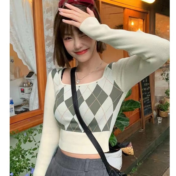 Kotak Kotak Wanita Rajut Lengan Panjang Sweater Knit