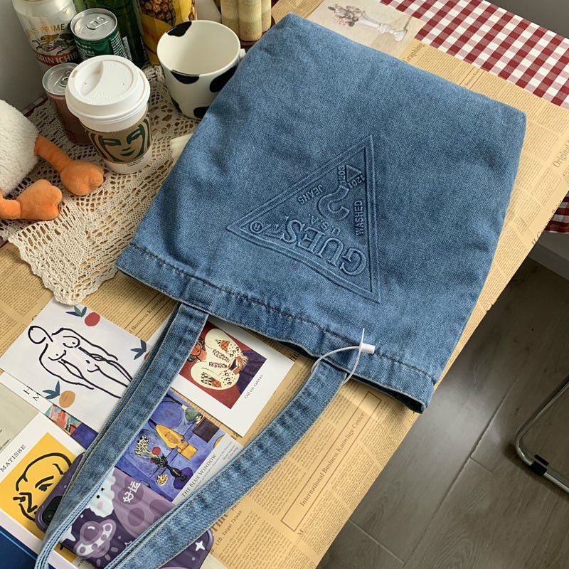 pocket bag tas bahan jeans tas foldable tas wanita kecil importtote bag korea tote bag kuliah ☋✸Sera Japanese GUESS original denim tote canvas bag simple and serbaguna sastra one-shoulder handheld trendi tas keren untuk pria dan wanita