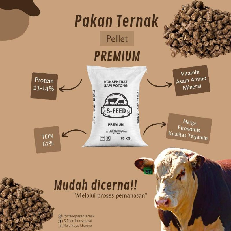 Kosentrat SAPI, KAMBING, KELINCI Konsentrat S-FEED Premium Pellet kemasan 1Kg