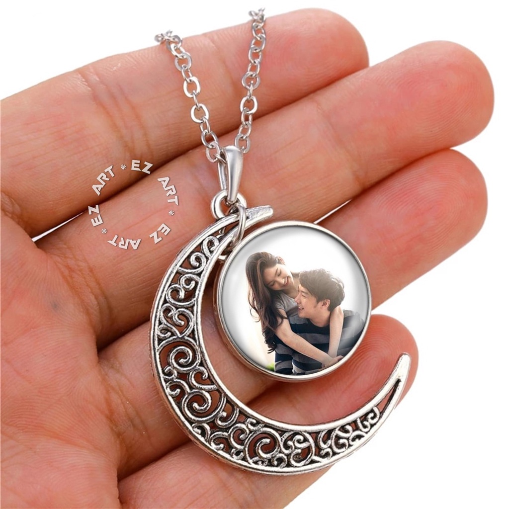 KALUNG CUSTOM LIONTIN BULAN SABIT FREE REQUEST FOTO GAMBAR SENDIRI KACA BULAT TALI KULIT RANTAI