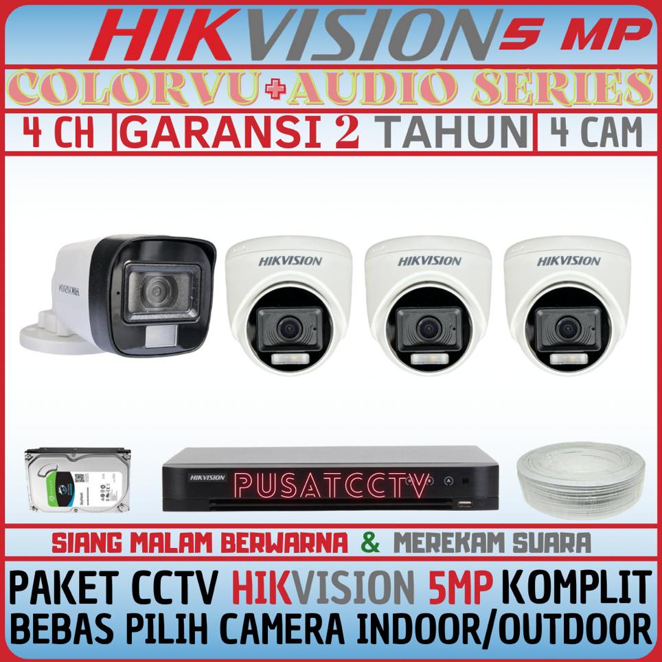 PAKET CCTV HIKVISION 5MP 4 CHANNEL 4 CAMERA TURBO HD KOMPLIT SIANG MALAM BERWARNA DAN REKAM SUARA