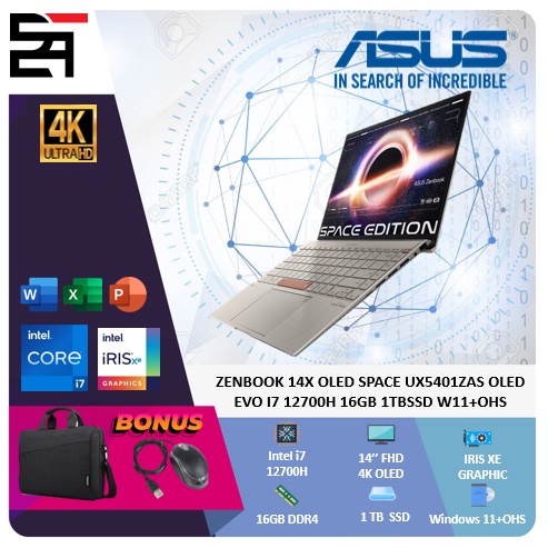 Asus Zenbook Touchscreen 14X Oled Space UX5401ZAS EVO i7 12700H 16GB 1TB SSD IRISXE W11+OHS 14 Inchi 4K NPAD PEN