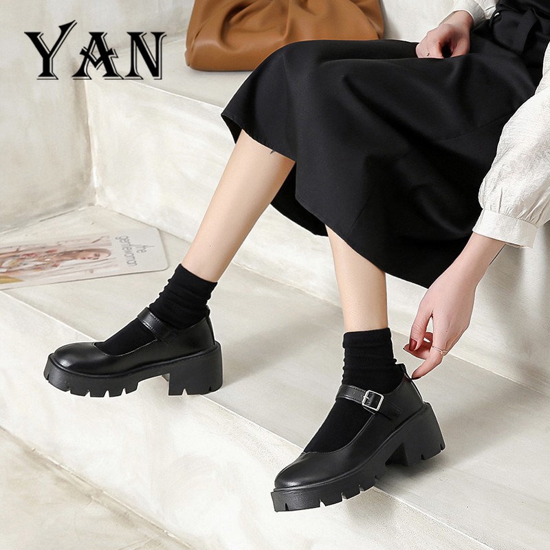 YAN Sepatu Mary Jane Wanita Kulit 5cm Chunky Block Heels Platform Shoes