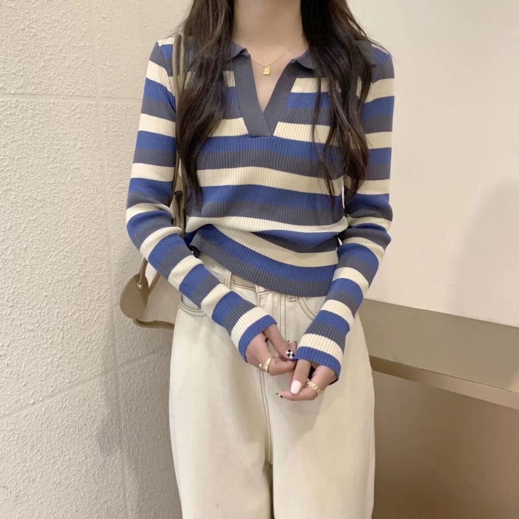 Rajut Stripe Shirt Wanita Baju Garis Garis Wanita Lengan Panjang