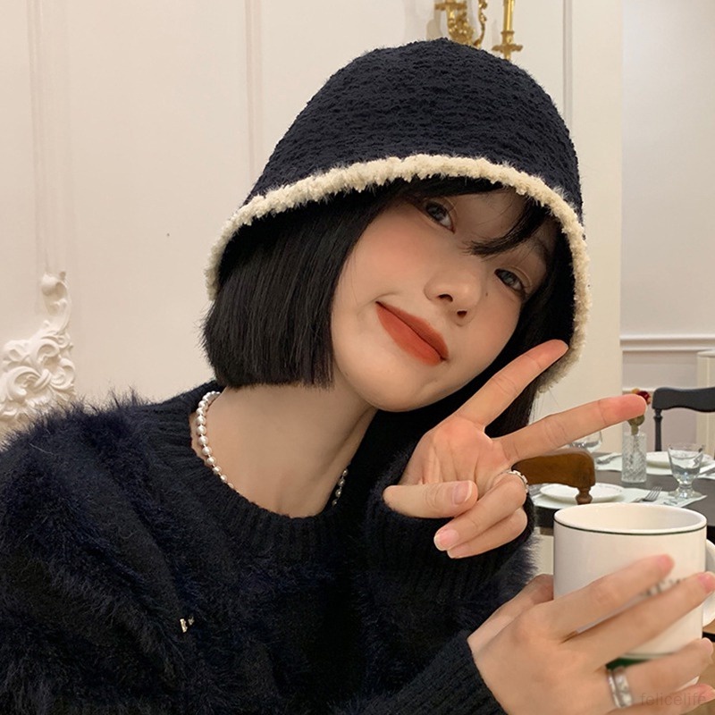 Topi Bucket Wanita Bahan Rajut Warna Polos Untuk Musim Dingin