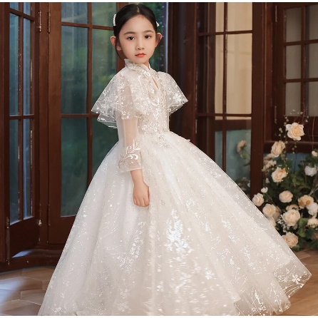 Gaun anak -Gaun Pengiring Pengantin Panjang Anak Perempuan Natal Elegan Pakaian Anak-anak Renda Mani