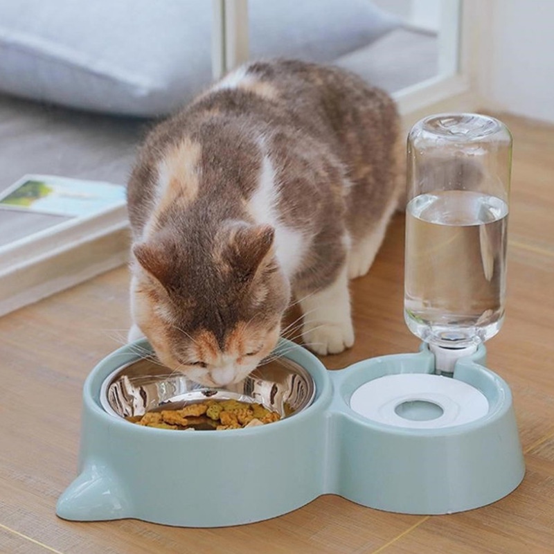 Hugopet Tempat Makan Minum Kucing Anjing Tempat Makan Hewan Otomatis 2 in 1 mangkuk Stainless Steel Auto Water Feeder Dispenser  Pet Feeder Plate