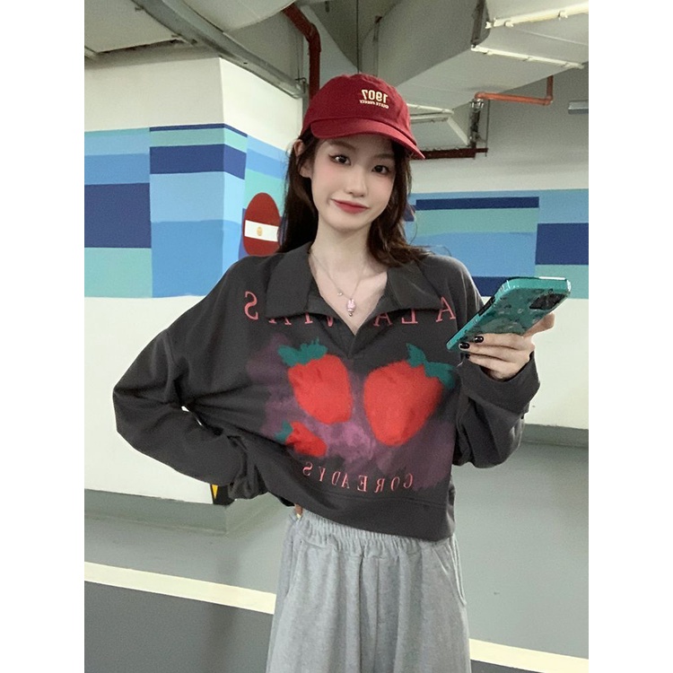 Nico##Strawberry PrintingpoloKerah Lengan Panjang Sweater Longgar Tipis Pendek Top