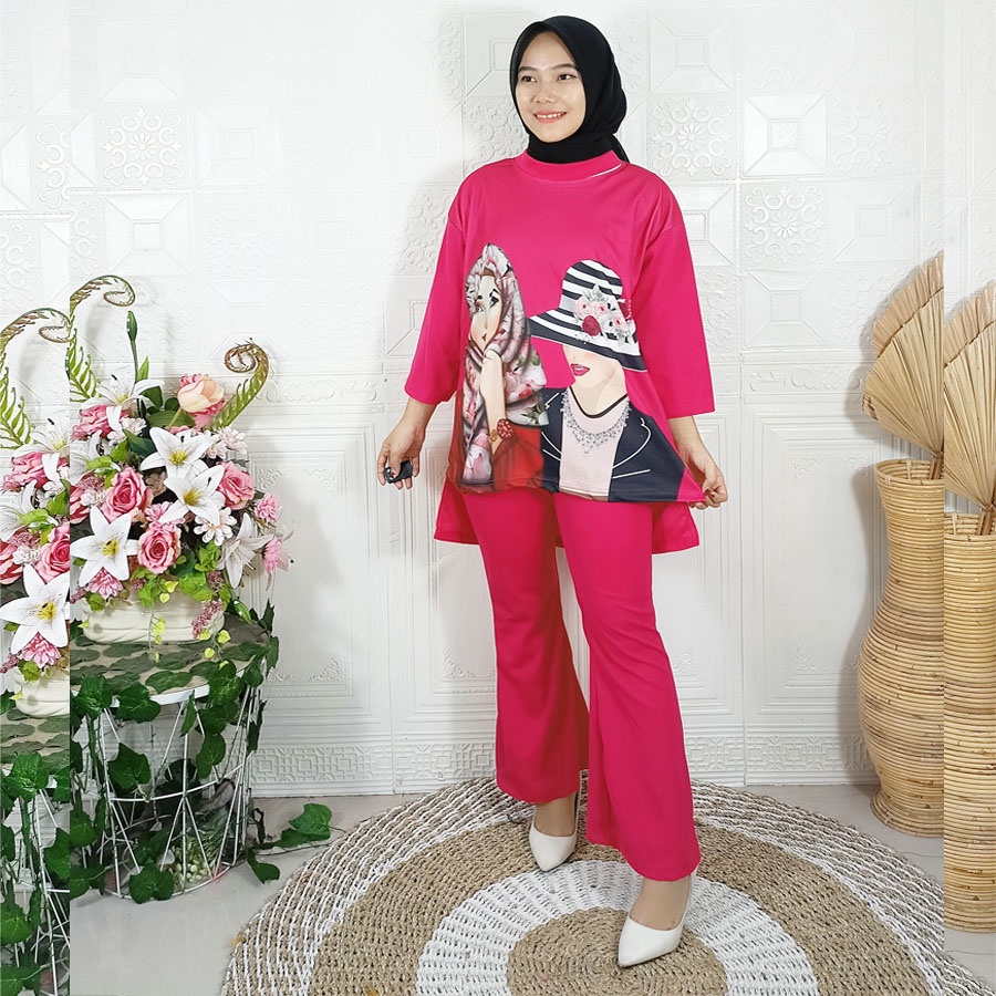 SETELAN ANIME BASIC WANITA DUA CANTIK DAN CELANA ZUBRAY PANJANG GL FASHION