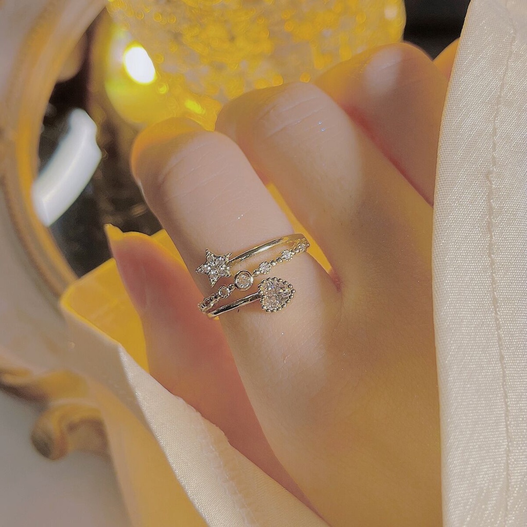 Cincin Model Terbuka Bahan Alloy Desain Bintanghati Hias Berlian Imitasi Gaya Korea Untuk Wanita