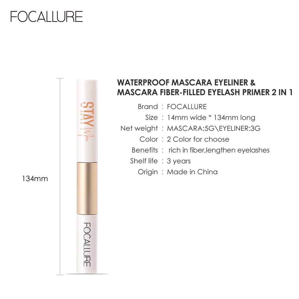 FOCALLURE 2 In 1 Waterproof Maskara &amp; Eyeliner Fiber Eyelash Primer Untuk Mata FA160