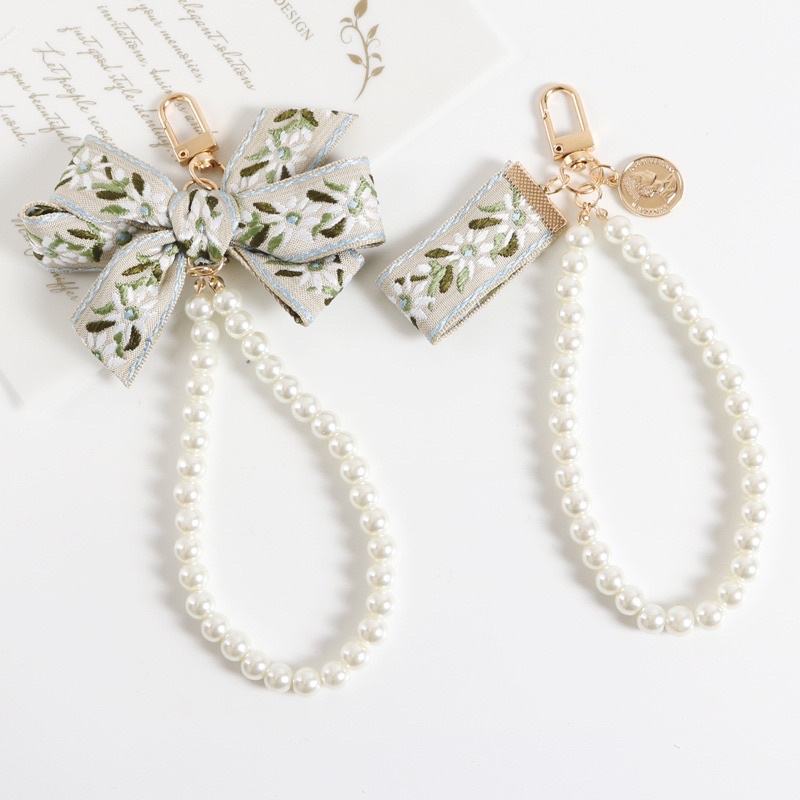 Green Leaf Pearl Bow Cantolan Gantungan HP Phone Chain Lanyard Lucu