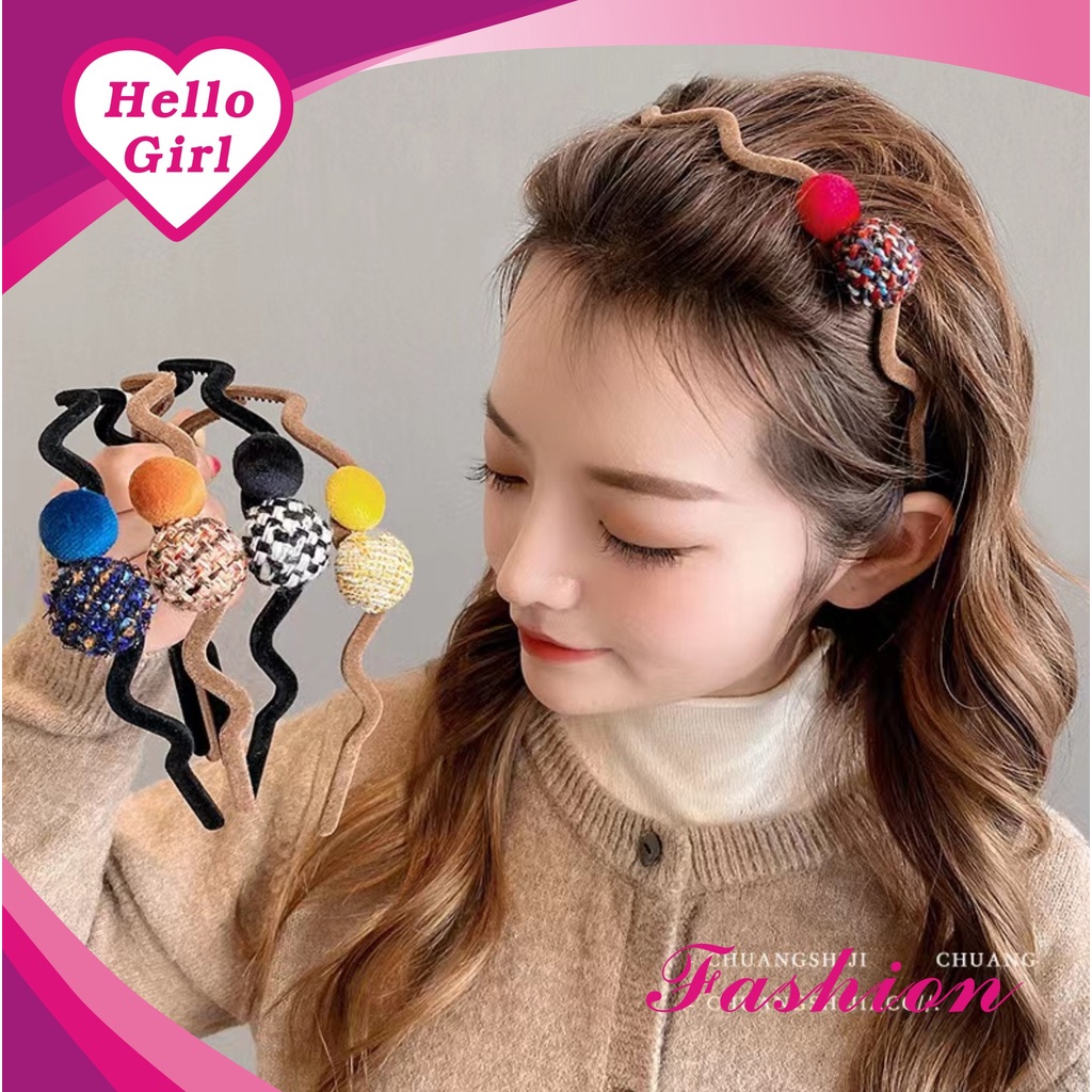 (Hello Girl)B100 Bando Wanita Model Gelombang Aksen Bola Korea Import