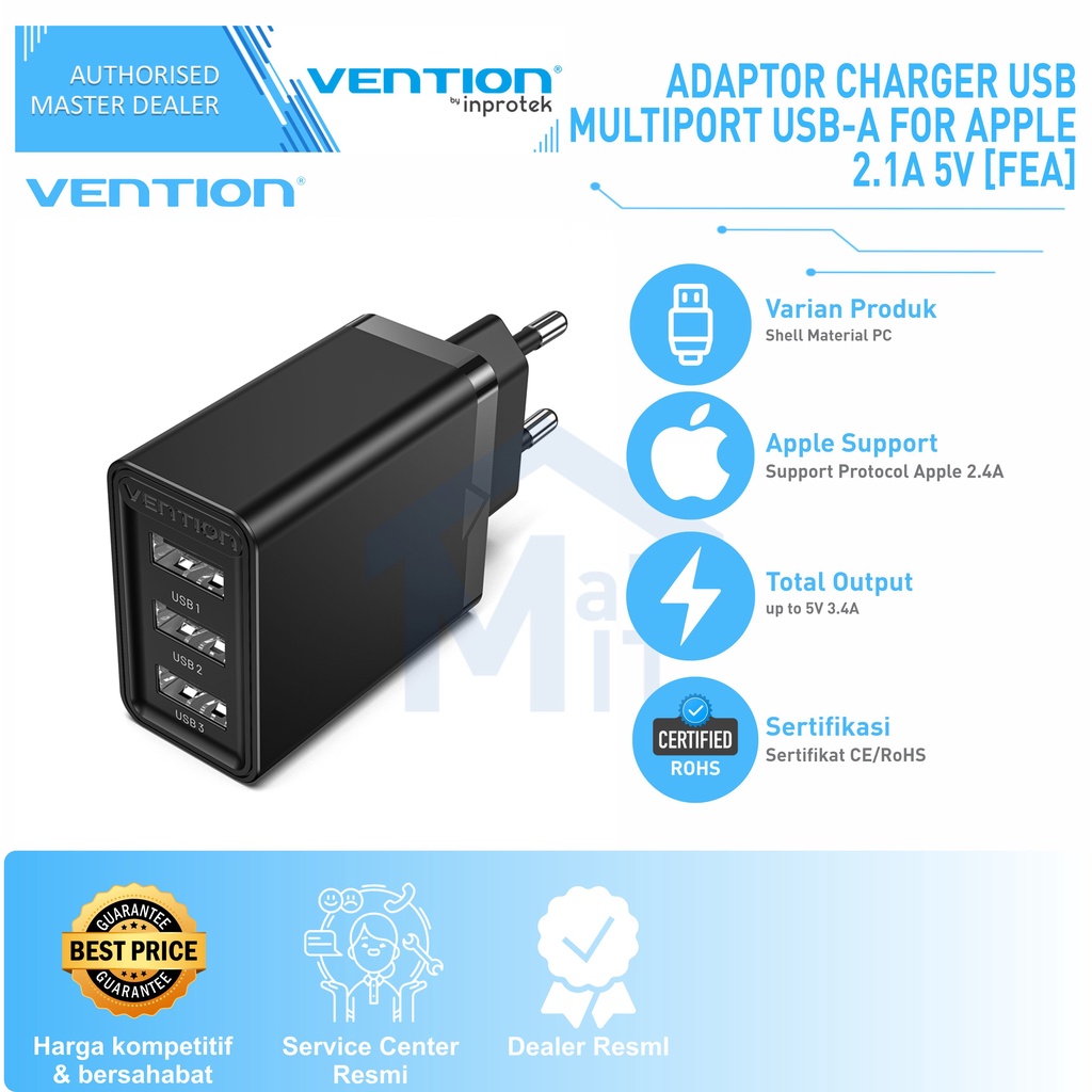 Vention Adaptor Kepala Charger 3in1 USB-A 17W Apple Samsung Xiaomi FEA