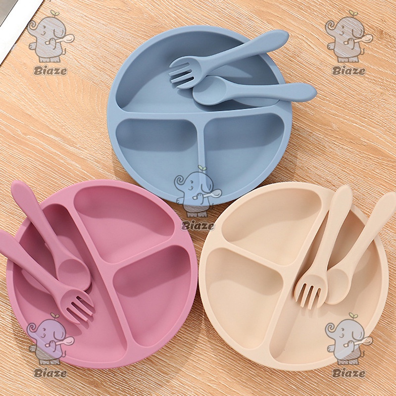 Biaze Peralatan Makan Anak Set Lucu Tableware Piring Garpu Sendok Food Grade Silikon Anti Tumpah Suction Plate Piring Makan Tempat Makan Bayi Feeding Set