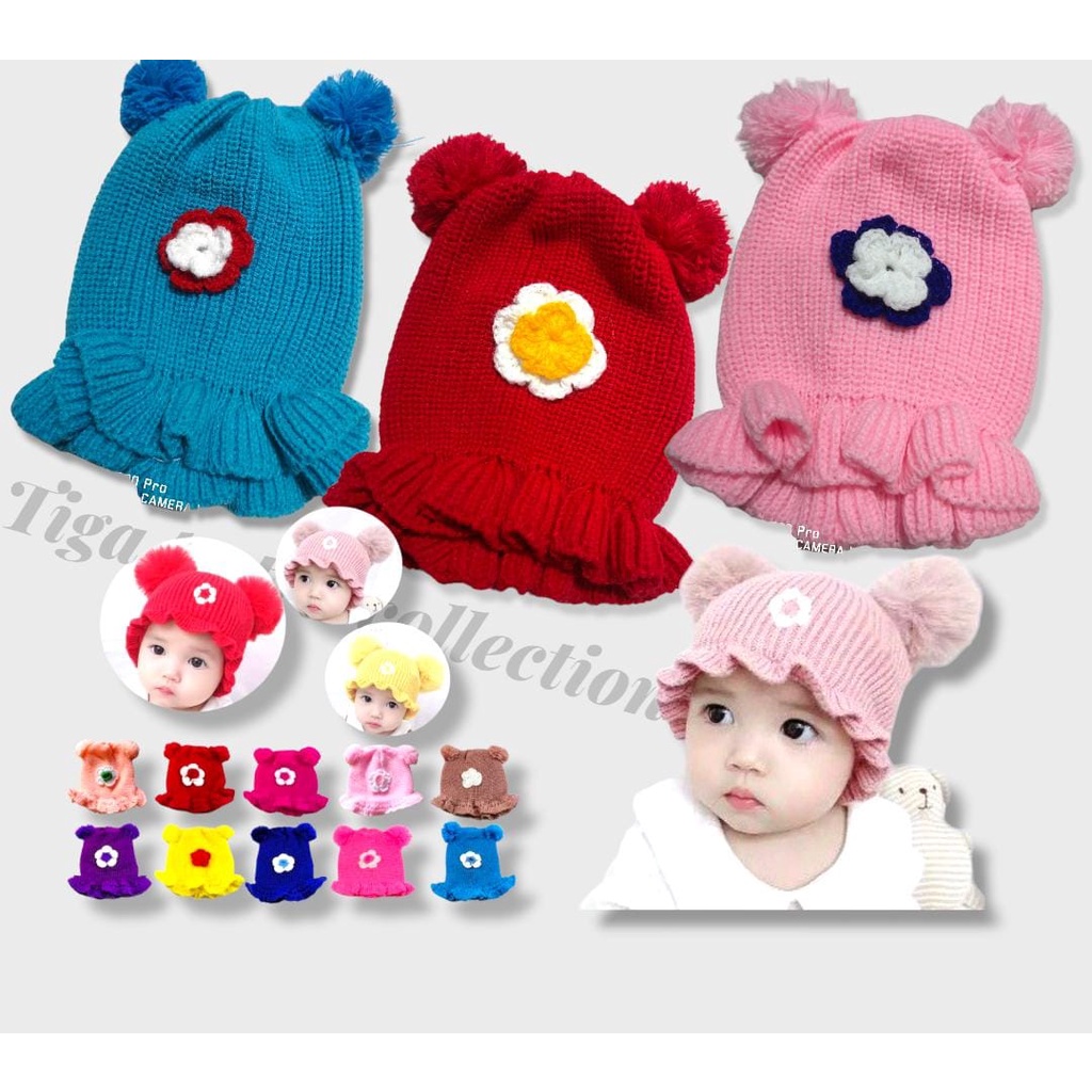 Topi Bayi Anak Pompom Renda Bunga gratis bordir nama Kupluk Bayi Renda Motif Bunga Polosan 6 Bulan - 2 Tahunan