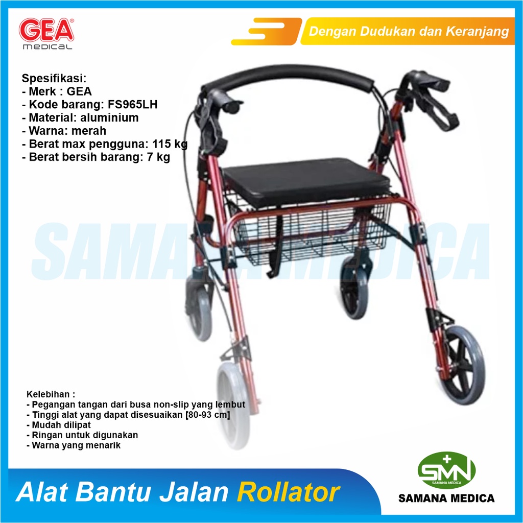 Walker Rollator GEA FS965LH Dengan Dudukan dan Keranjang Alat Bantu Jalan Promo Murah