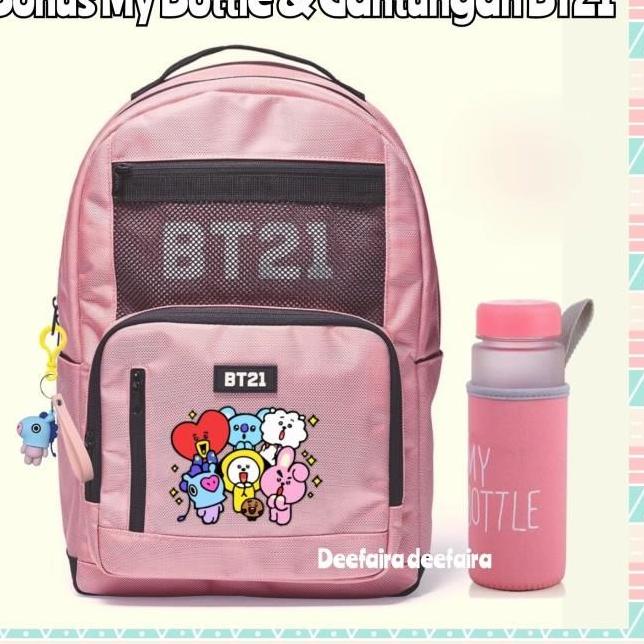 qjb TAS SEKOLAH WANITA BACKPACK ANAK PEREMPUAN BTS ARMY BONUS BT21 BOTOL - Pink Navy Promo Gila