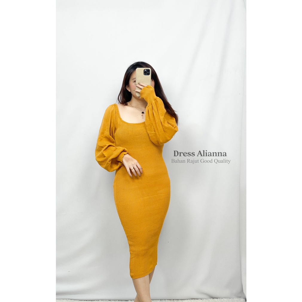 HOPYLOVY - Dress Alianna Bahan Rajut Fashion Wanita Model Lengan Balon