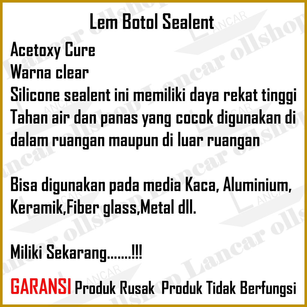 Lem Sealant Sealent Kaca Aquarium Bening Hitam Silicone Silent Akuarium Silikon Silicon Botol Acetoxy Cure Putih