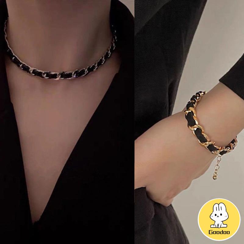 Kalung titanium menenun Vintage High-end Kalung Fashion Niche Kulit Jalinan Kalung Wanita Rantai Tulang Selangka -Doo