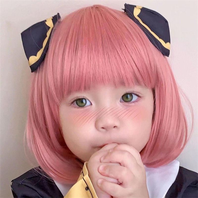 WIG RAMBUT PALSU UNTUK ANAK ANAK BERBAHAN SINTETIS MODEL PENDEK PONI BOB WARNA PINK MUDA UNTUK COSPL