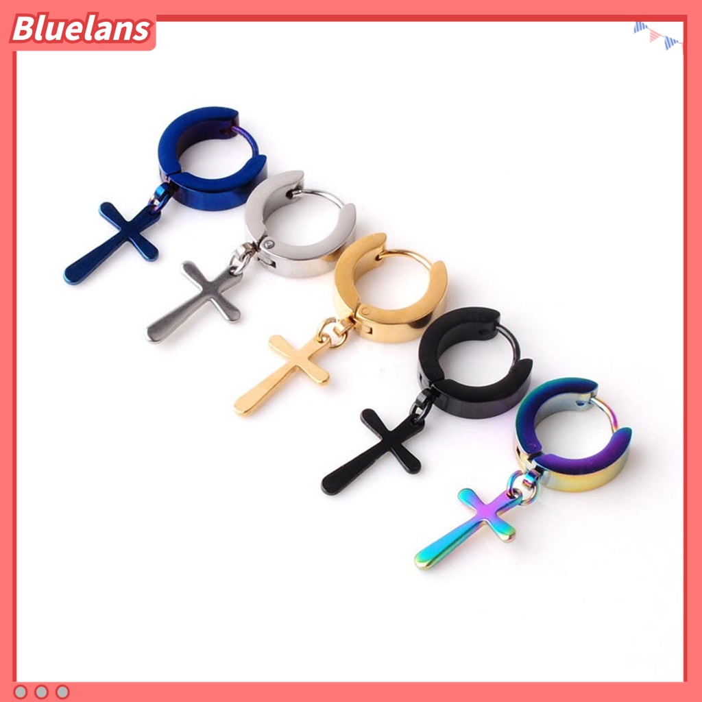 1 Pc Anting Hoop Dangle Cross Bahan Stainless Steel Gaya Korea Untuk Unisex