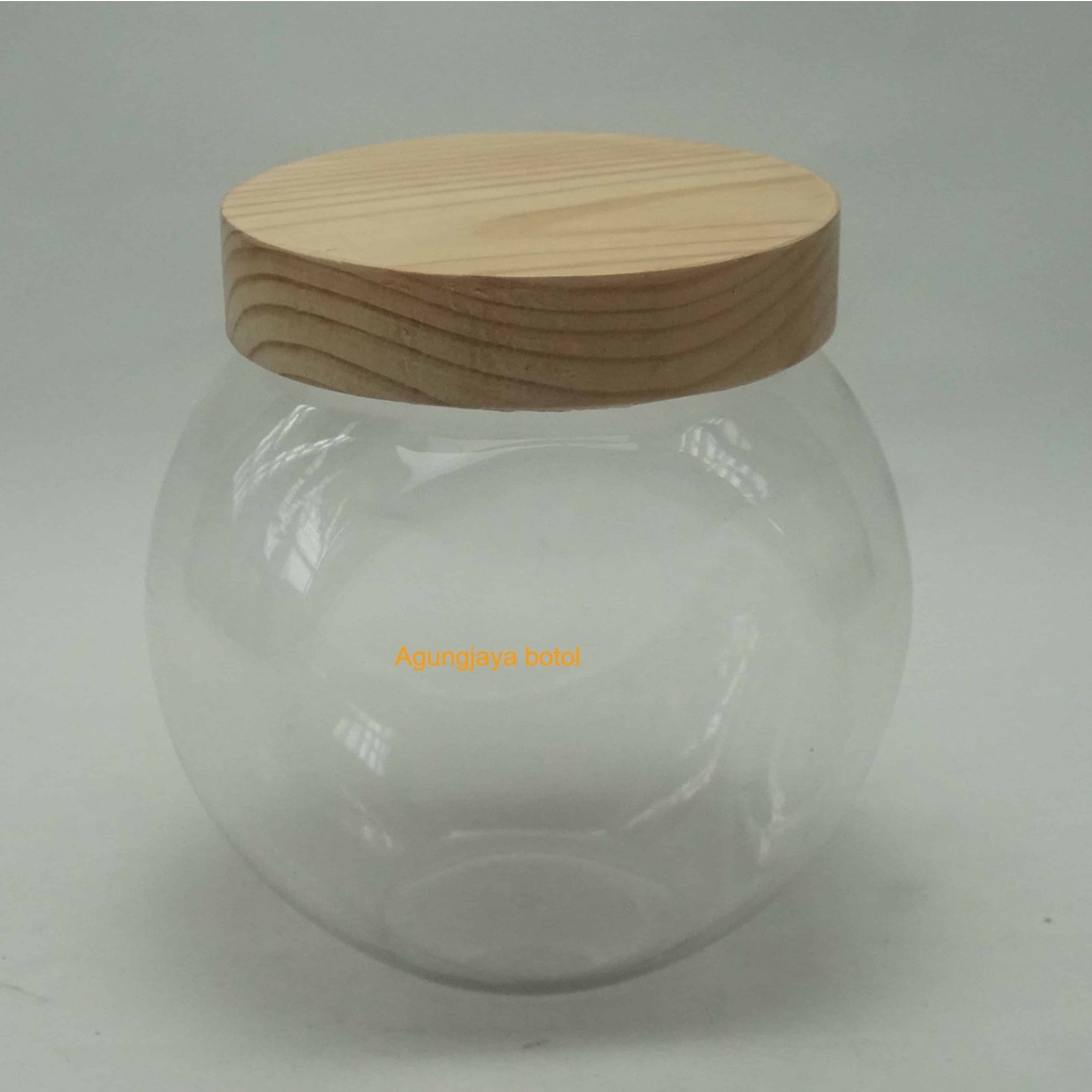 Toples Pet 1 L Pet Bulat Jadul Natural Tutup Kayu Pinus  / Toples Bawang Goreng / Toples Snack / Top