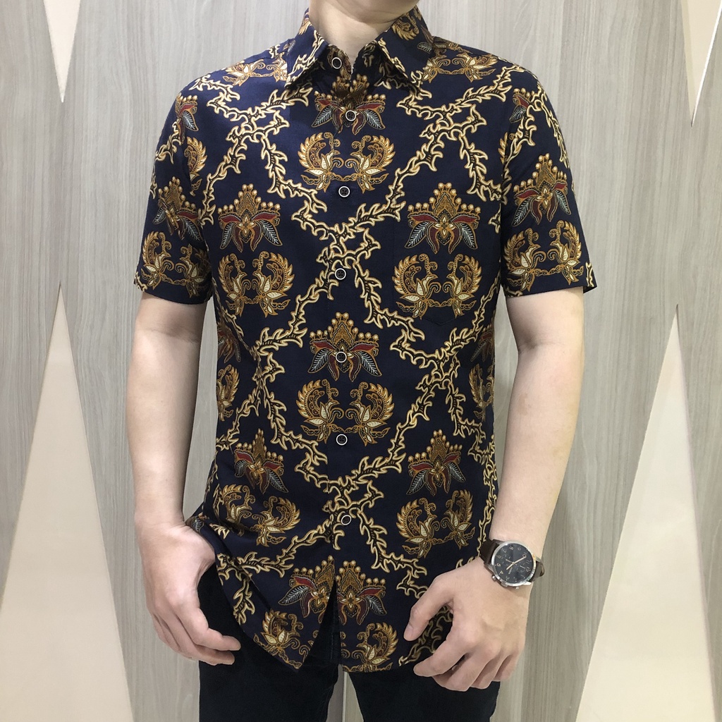 [GRIDLINE - S251 Navy Gold &amp; Black Brown] Kemeja Batik Pria Slimfit Lengan Pendek Katun Modern