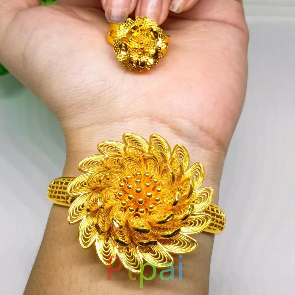 Set Gelang Kendari Matahari free cincin terbaru lapis emas 24k gold fashion Dubai Perhiasan xuping bunga bangle