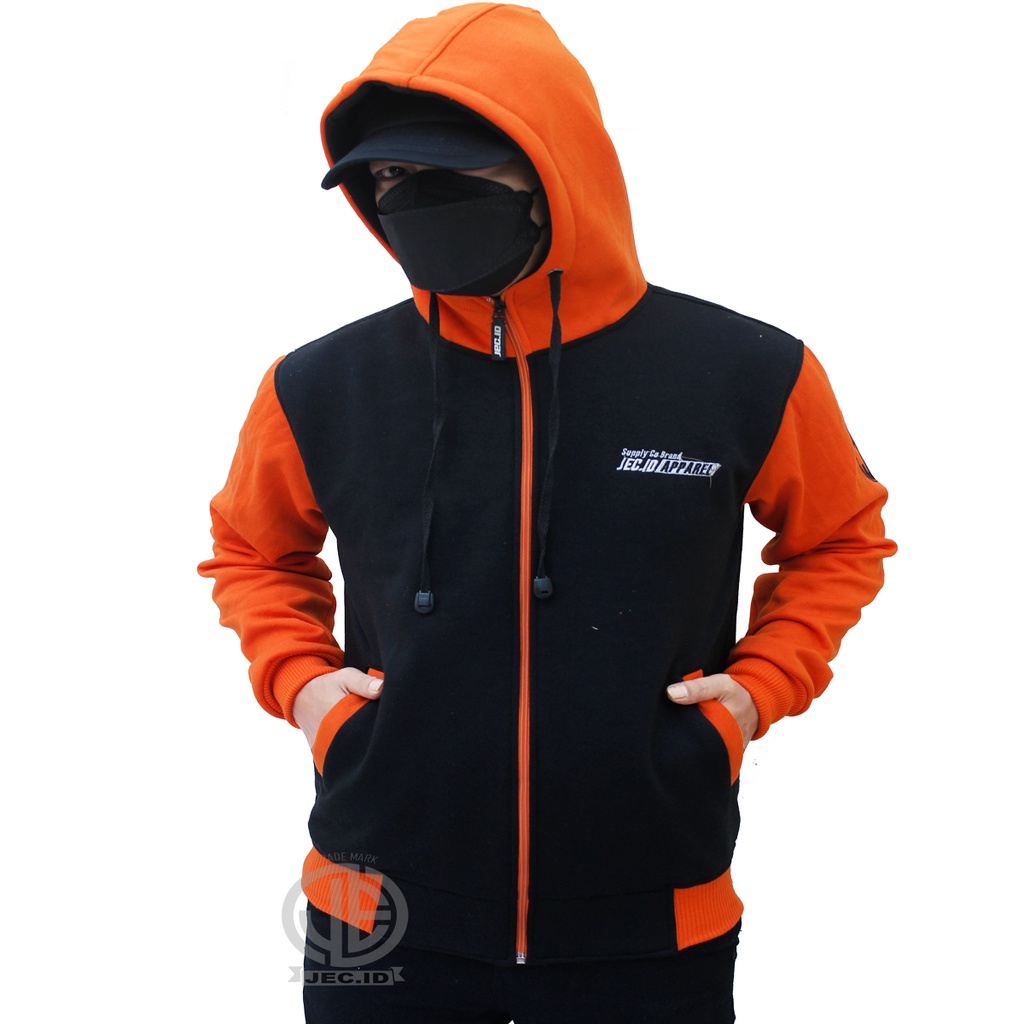 Jaket Sweater Hoodie Zipper Jec Apparel Premium Orange Hitam