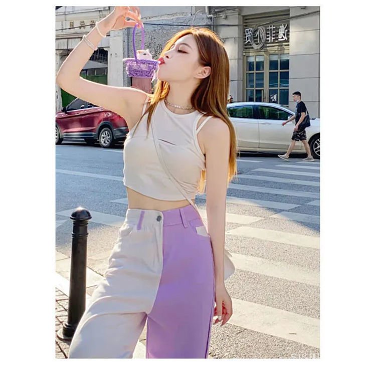 American high street hot girl ungu dan putih musim panas jahitan desain jins celana ceruk wanita sem