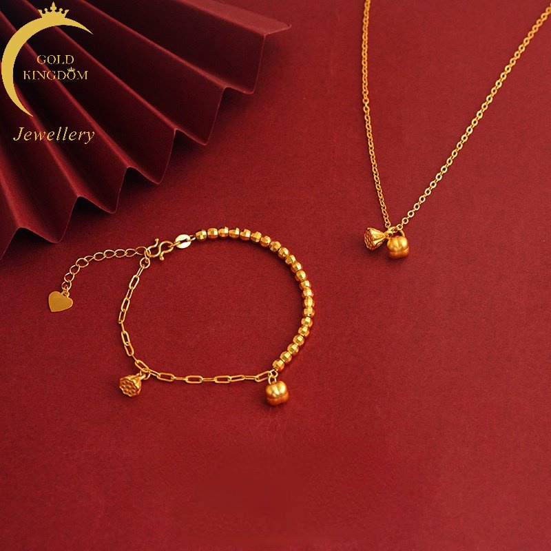 Goldkingdom Fashion Perhiasan Emas Asli Kadar 375 Bangkok Aksesoris Ready Stock Bagus Kesemek Lotus Gelang Manik-Manik Kecil String Teratai Kuno Kesemek Kalung