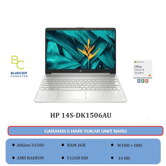 Laptop HP 14S-DK1506AU - Athlon-3150U 4GB 512GB SSD 14" HD Win 10 +OHS