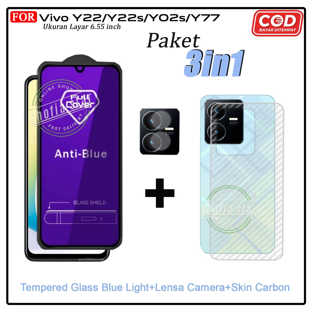 PAKET 3IN1 Tempered Glass Blue Light Vivo Y22 Anti Radiasi Full Cover