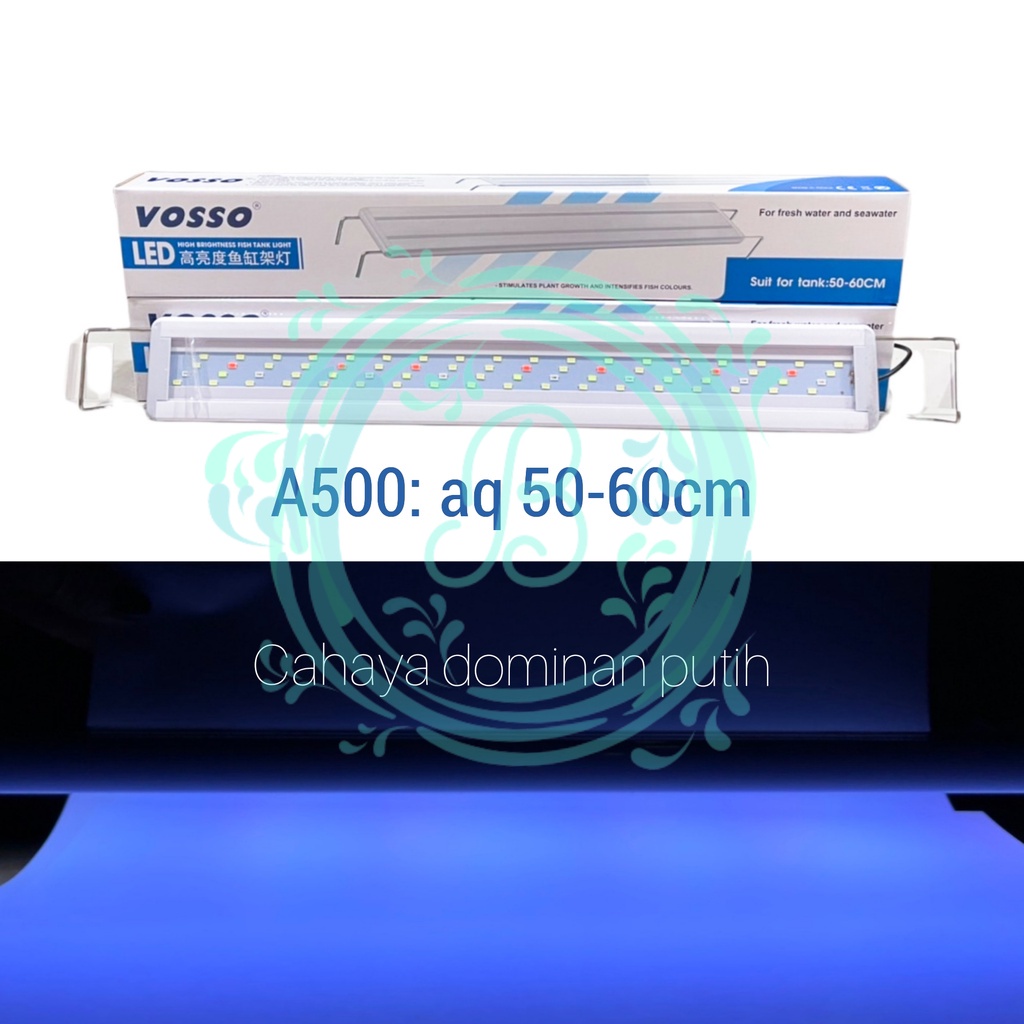 Lampu Aquarium Aquascape 50-60 cm 14 Watt LED 4 Baris Cahaya Dominan Putih Vosso A500 A 500 Lampu LED Atas Gantung