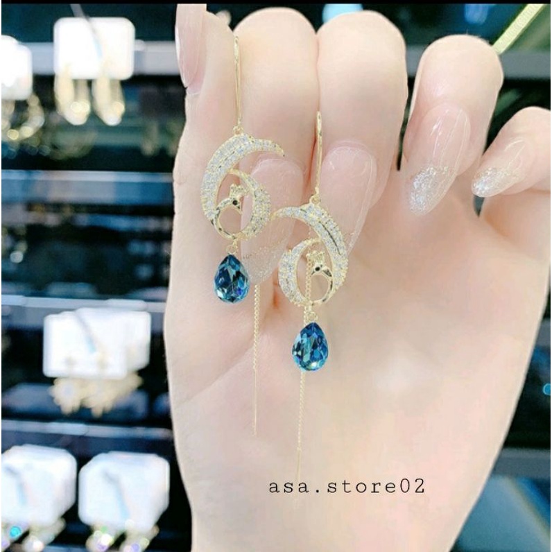 Anting Wanita Tusuk Gantung Motif Merak Berlian Biru