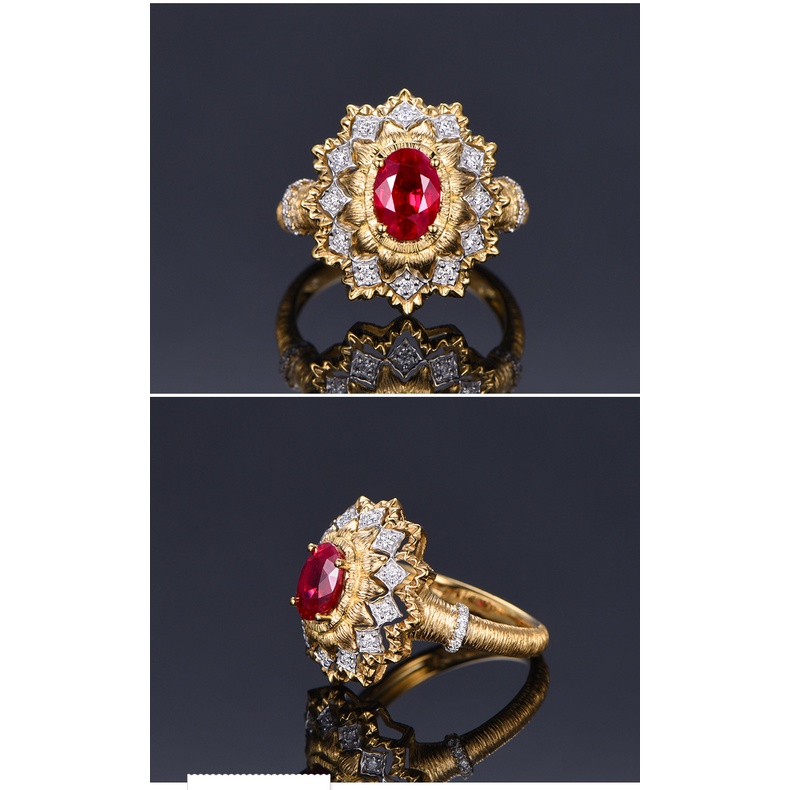 Goldkingdom Perhiasan Fashion 24K Bangkok Aksesoris Ready Stock Teknologi Ukir Emas Asli Kadar 375 Burung Merpati Cincin Permata Merah Dua Warna Emas Asli Kadar 375 Dan Berlian Merah Cincin Gambar Tangan