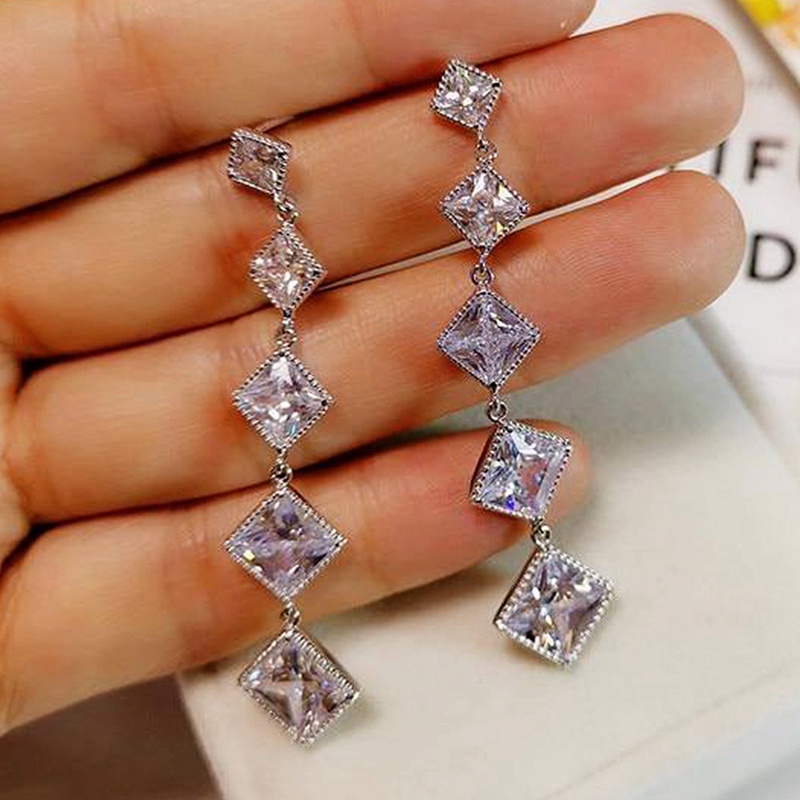 Fancyqube Anting Panjang Model Gantung Bentuk Persegi Aksen Kristal Kubik Zirconia Untuk Wanita