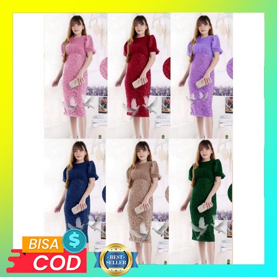 Baju Dress Brukat Natal Wanita Terbaru 2021 Midi Dress Pesta Remaja Kondangan Party Dress Modern Can