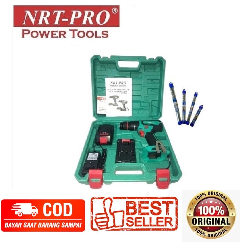 Bor Cordless NRT PRO NRT-PRO DC343 Drill Baterai Tangan Beton Impact Tembok 20 V 20V Paket Set Mesin