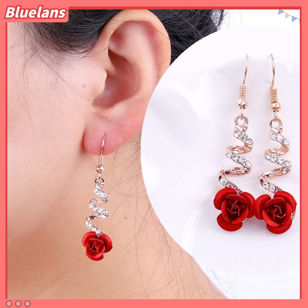 Bluelans Rhinestone Inlaid Rose Flower Spiral Dangle Women Hook Earrings Jewelry Gift