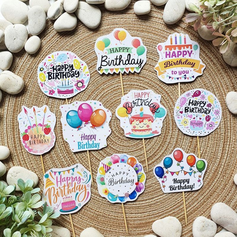 1 set topper toper tusukan hiasan kue cup cake cupcake nasi tumpeng ulang tahun happy birthday karak